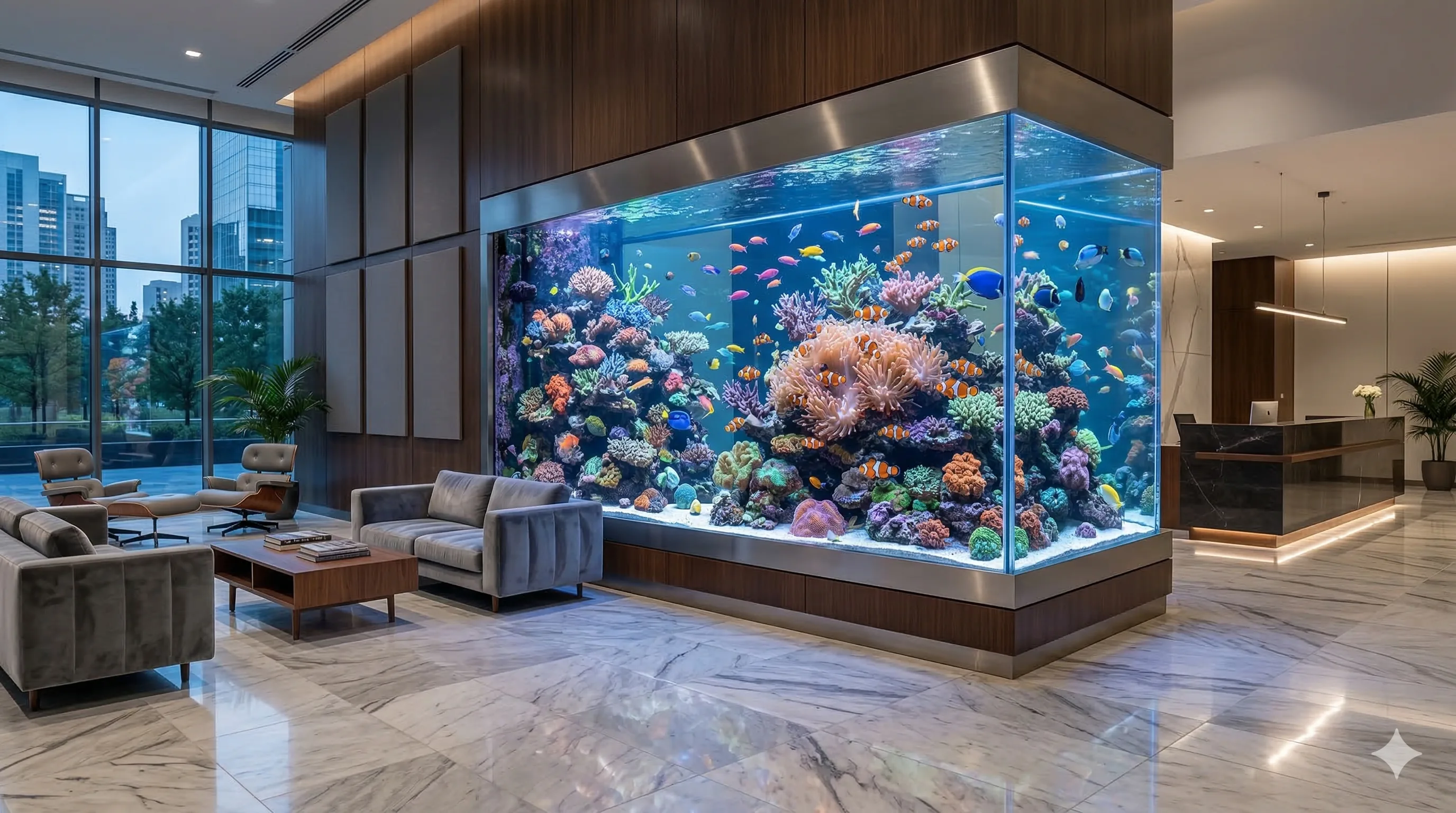 Aquário gigante de parede inteira em lobby corporativo com peixes tropicais e corais