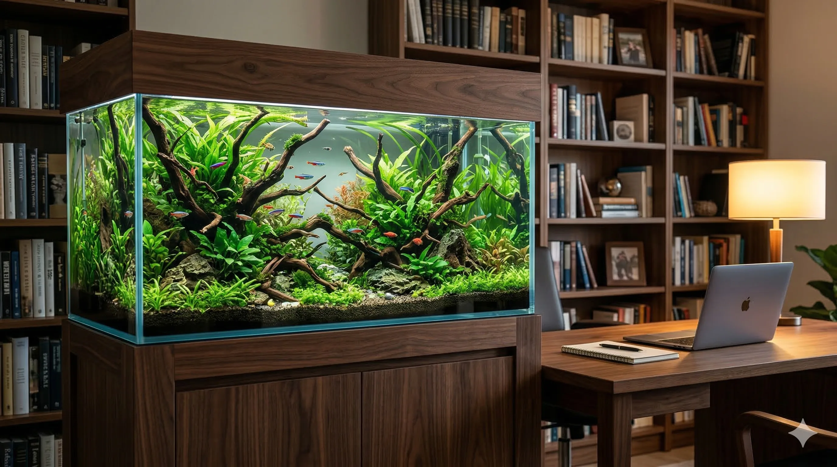 Aquário plantado nature aquascape em home office com troncos e plantas aquáticas