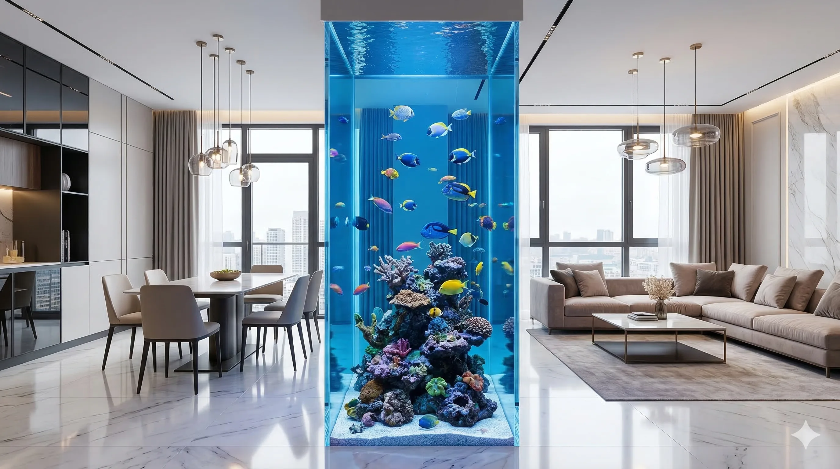 Aquário coluna divisória de ambientes em apartamento moderno com peixes coloridos