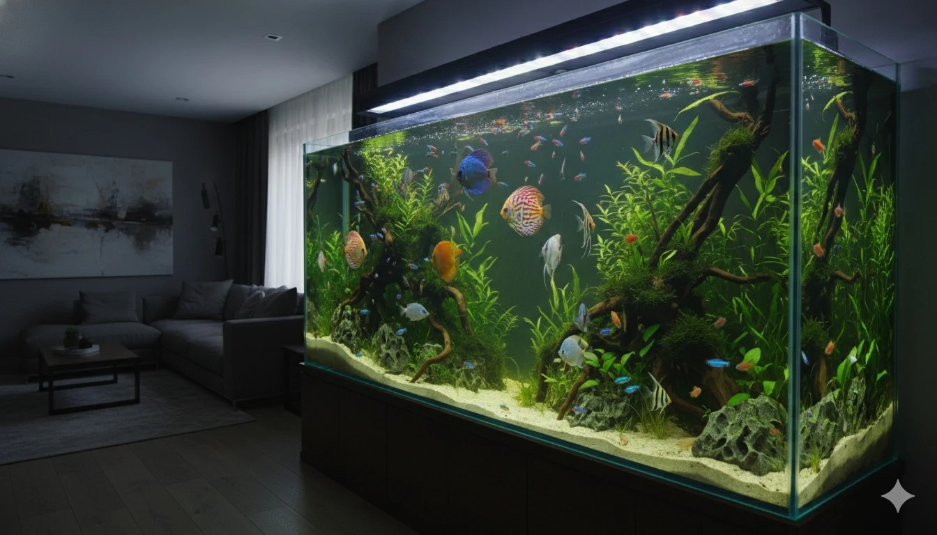 Aquário marinho de grande porte projetado pela Aquários do Rio com corais vivos e peixes tropicais